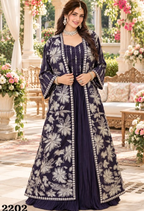 Blue Chinon Readymade Lehenga Choli